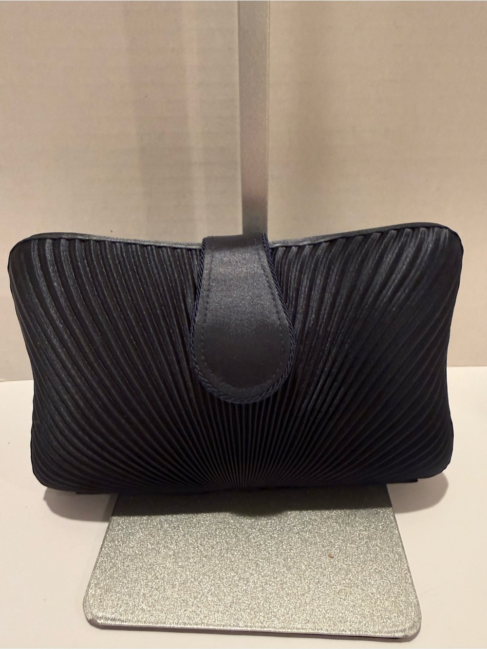 Pleated Satin Evening Clutch in Black with strap